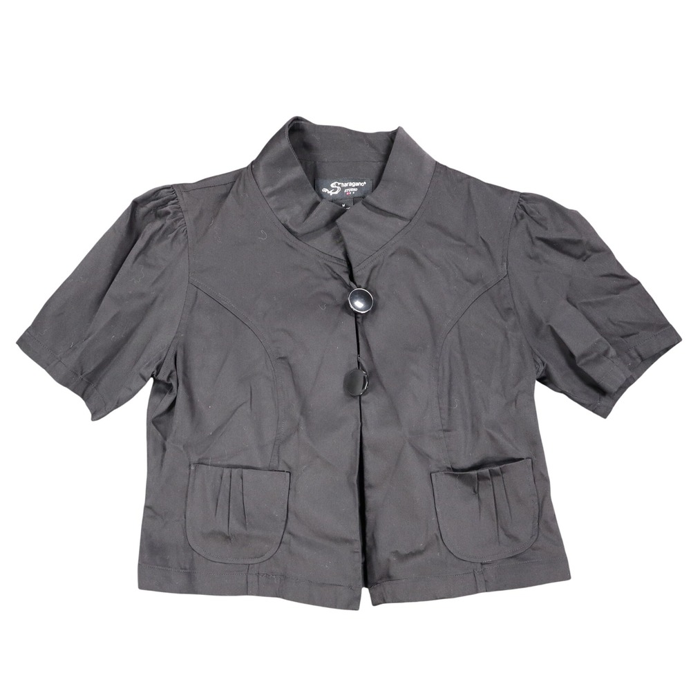 Sharagano Studio Jacket Womens M Black Short Puff Sleeve Cropped Cotton 182674